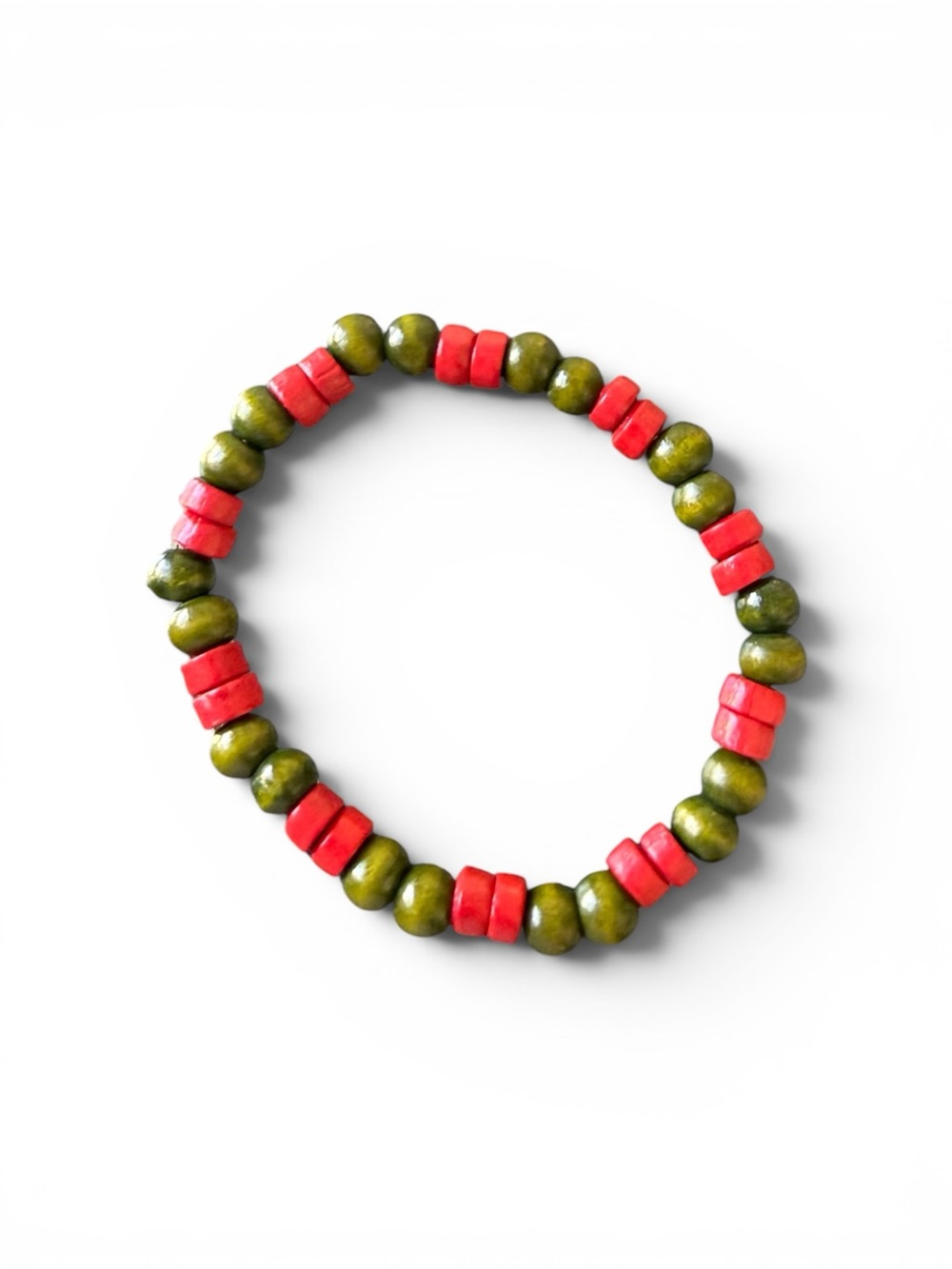 Beaded Stretch Bracelet in Olive Green and Coral Red